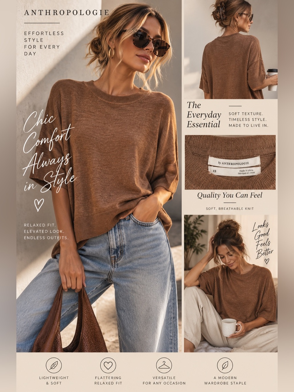 Anthropologie Relaxed Crewneck Sweater — Warm Chestnut Brown XS